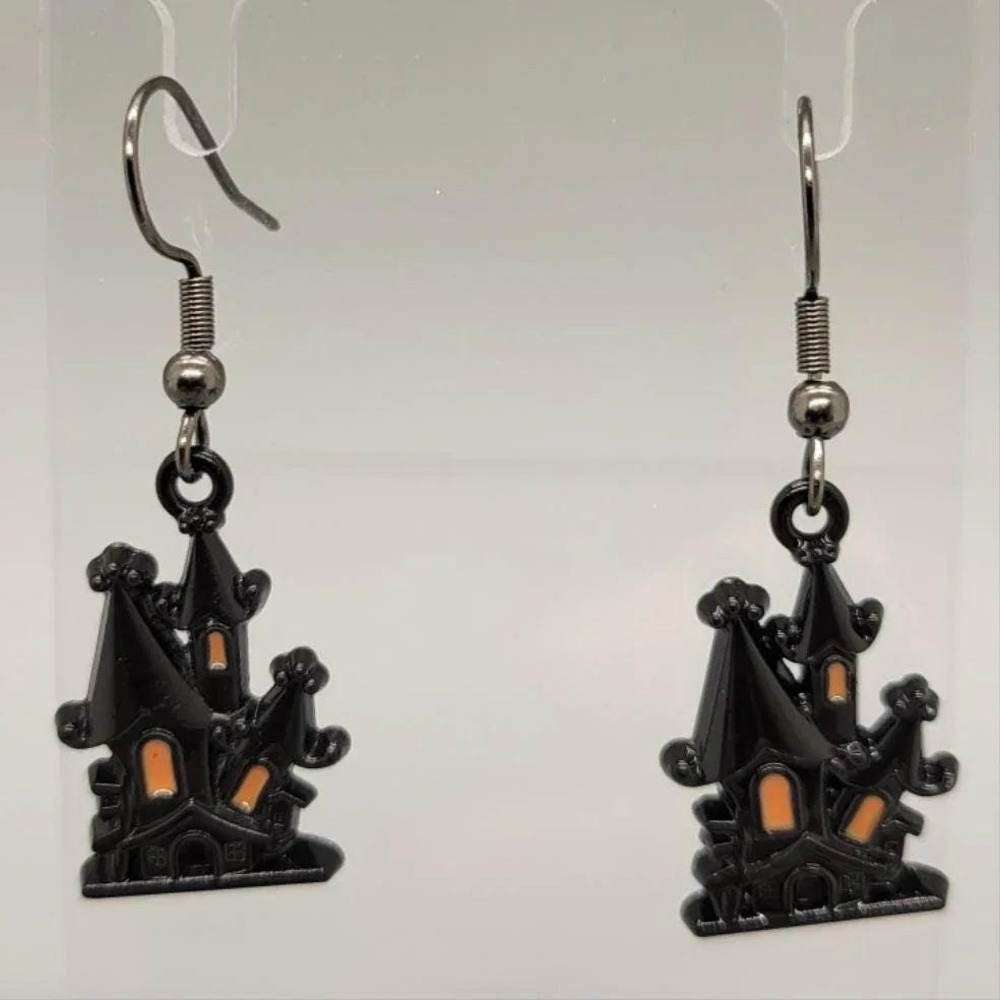 Haunted House Dangle Earrings, Stainless Steel Hooks, Gothic Jewelry